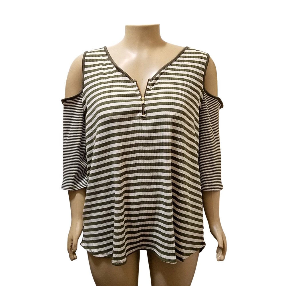 Rue + Junior’s Olive White Striped Cold Shoulder Half-Zip Top 3X